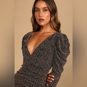 Lulu's Party Glam Metallic Copper Long Sleeve Ruched Midi Dress